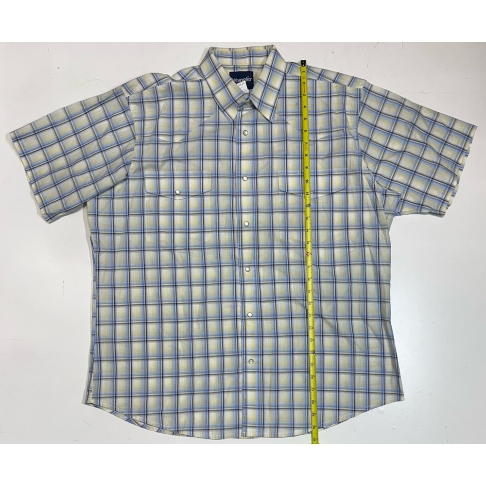 Wrangler Pearl Snap Shirt Men's XL Short Sleeve Yellow Blue Plaid Western Pocket